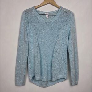 Chico’s Women’s Baby Blue Sequin Knit Pullover Sweater Sz 1 (M) Glam Sparkle